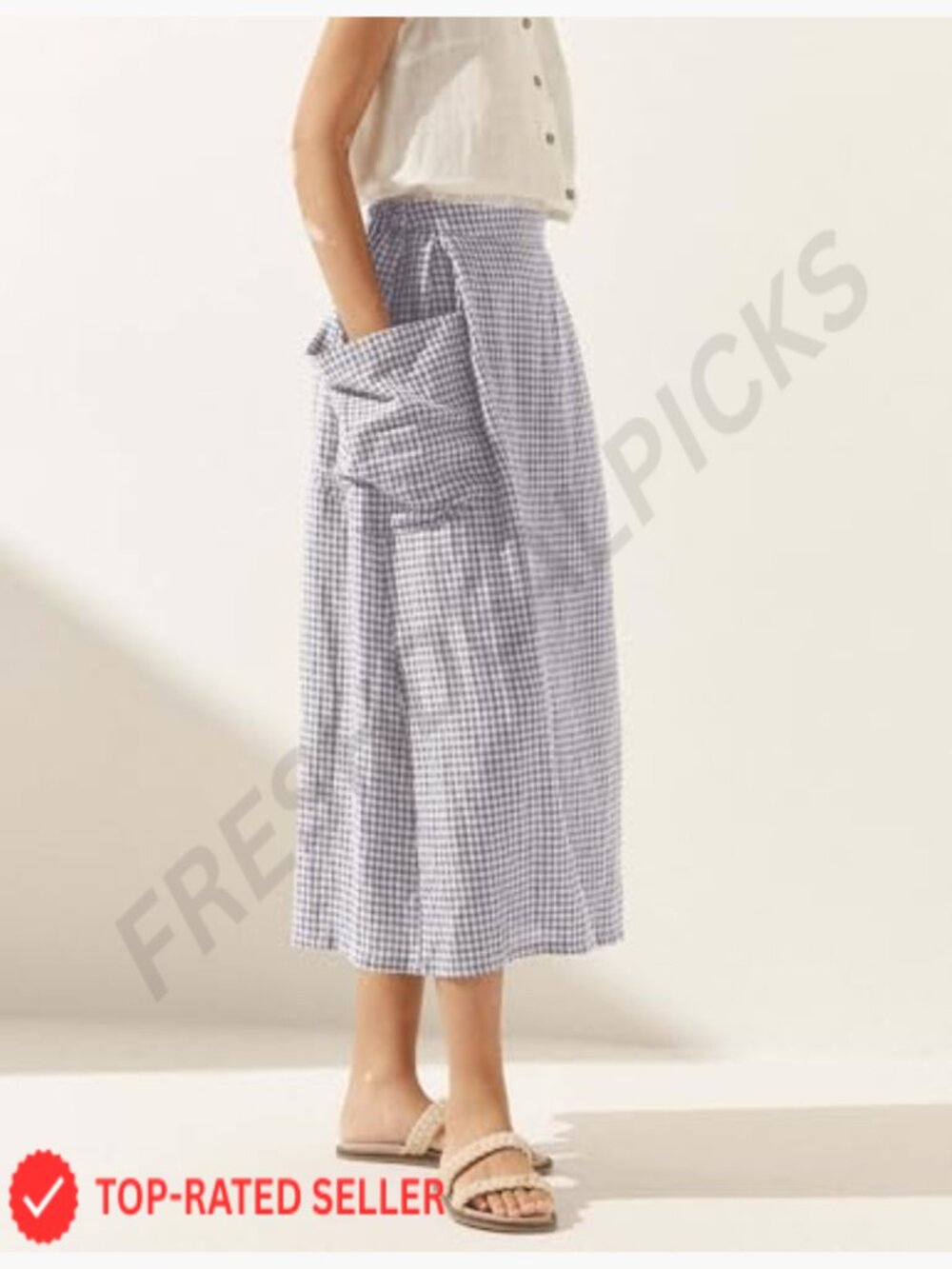 Plaid Midi Skirt Elastic Waist with Pockets Flowy Vintage A-Line - Picture 4 of 6